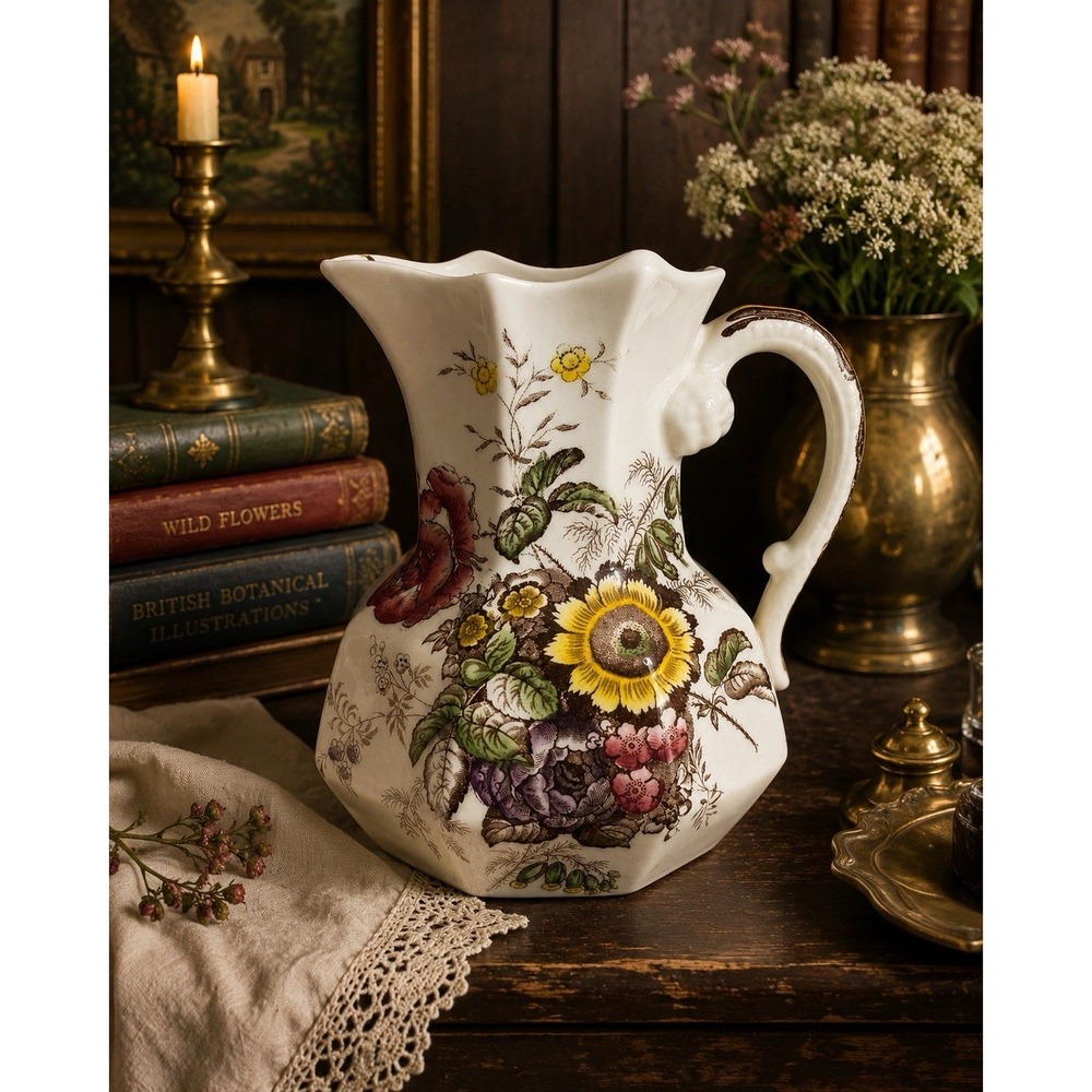 Vintage Mason's Friarswood Ironstone Pitcher England Sunflower Floral 7"